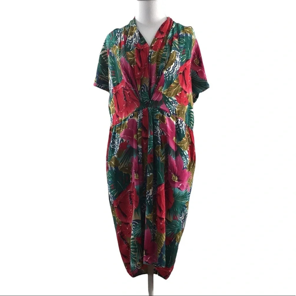 Tess Vintage‎ 80s Silk Green Red Tropical Floral Print Midi Sheath Dress Sz 8